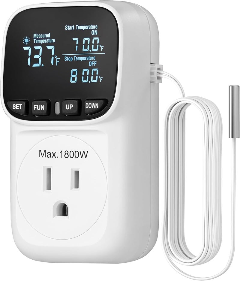 DEWENWILS Digital Temperature Controller, Heavy Duty 15A/1800W Thermostat Outlet Plug, VA Display Heating Cooling Control Timer, -40℉~210℉, Cyclic Timing/Countdown, for Greenhouse Incubator Homebrew - Image 1